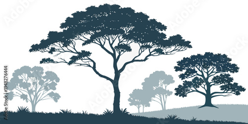 four trees on a hillside in a landscape Vector