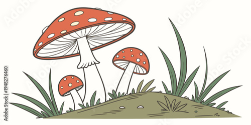 a group of mushrooms growing on a grassy hill Vector