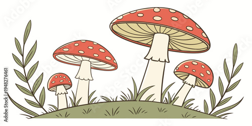 a group of red and white mushrooms on a grassy hill Vector