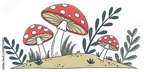 a group of red mushrooms with white spots on a grassy hill Vector