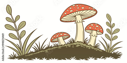a group of mushrooms on a grassy hill Vector