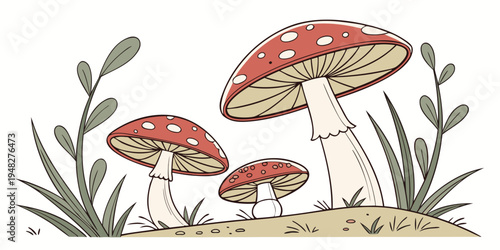 a group of red and white mushrooms growing in the ground Vector