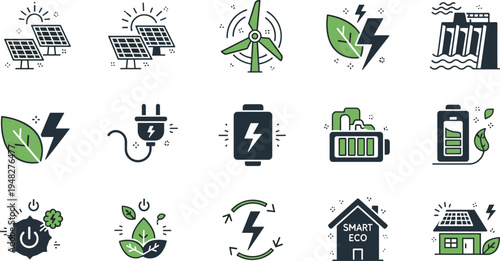 Renewable energy and green power icon set with solar panel wind turbine battery eco electricity illustration