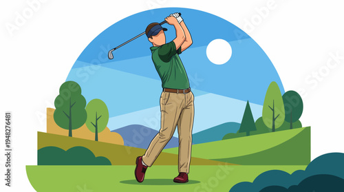 The image depicts a golfer mid-swing, beautifully framed by a scenic landscape, embodying sportsmanship and the joy of outdoor activities in nature's embrace.
