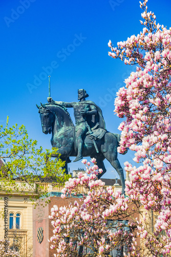 King Tomislav square in Zagreb, Croatia, springtime magnolia blossom