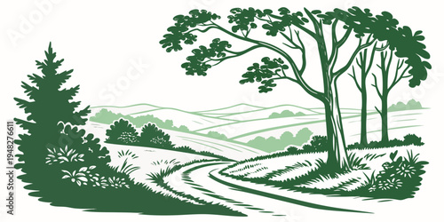 a green illustration of a dirt road with trees Vector