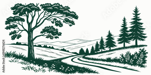 a scenic landscape with trees and a winding road Vector