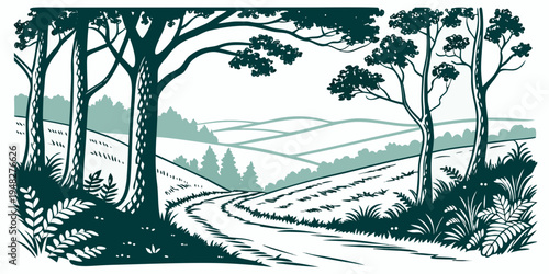 a scenic landscape with a dirt road and trees Vector