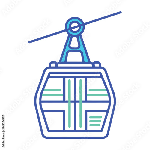 Cable car cabin with blue lines and green accents on white background