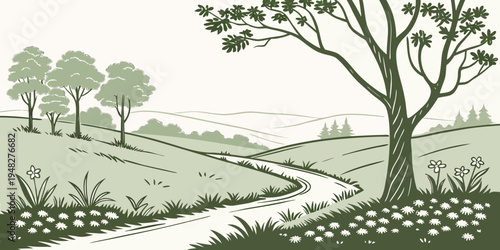 a tree stands beside a winding stream in a serene landscape Vector