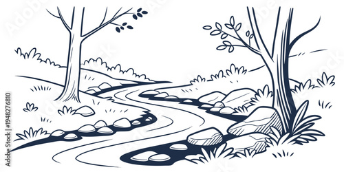 a stream runs through a rocky landscape with trees Vector