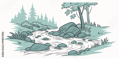 a serene landscape with a stream running through a rocky area Vector