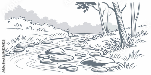 a serene landscape with a stream running through it Vector