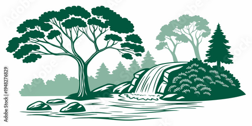 a green landscape with a waterfall and trees Vector