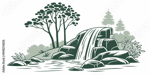 a waterfall cascading down a rocky slope surrounded by trees and foliage Vector