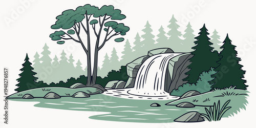 a serene waterfall in a forest with trees and rocks Vector