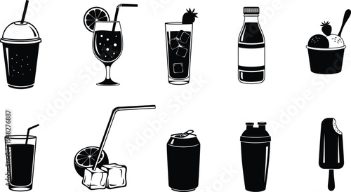 Silhouette of various drinks isolated on transparent background