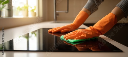 The Glass Cooktop Being Cleaned by Hands Wearing Orange Rubber Gloves
