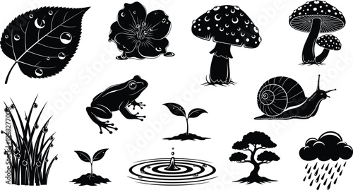 Silhouette illustrations of forest and pond creatures isolated on transparent background