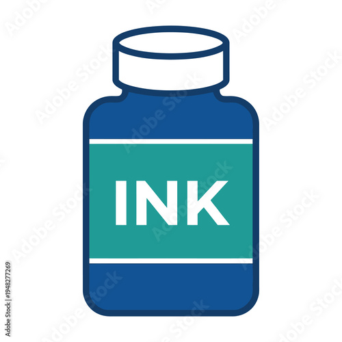 Blue ink bottle with white cap and label on white background