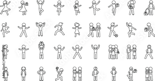 Happy stick figure people collection, solid silhouette vector, children playing, dancing, holding gifts, jumping and celebrating simple line illustration