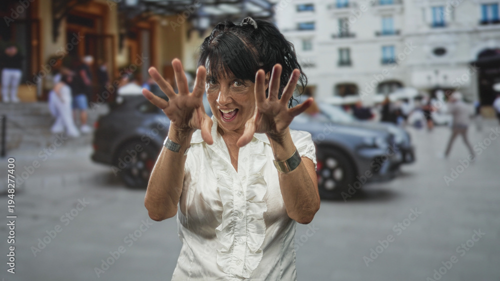 Fototapeta premium Woman making clawing hand gesture and reaching forward on a city street by a parked car and building; playful mischief.