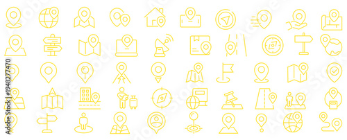Location And Navigation Line Icon Set. A Collection Of Thin Line Editable Stroke Icons Representing Map Pins, GPS, Compass, Direction, And Travel Symbols. Perfect For Maps, Apps. Isolated Vector 