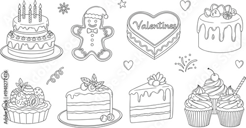 Hand drawn sweet desserts and Valentine themed cakes collection with gingerbread cookie, cupcakes, strawberry tart and heart candy isolated outline vector set