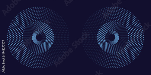 Abstract Blue, Green Gradient Circles Flowing Dot Waving Particle Geometric Technology Background. Digital Futuristic Dark Navy Blue Dotted Wave. Concept For Science, Music Cover, Website, Header