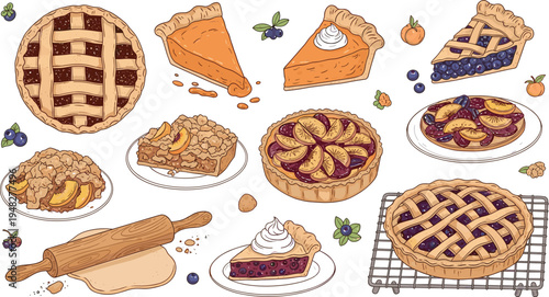 Homemade pie and bakery dessert illustration set with apple pie blueberry pie pumpkin pie pastry