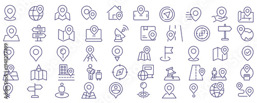 Location And Navigation Line Icon Set. A Collection Of Thin Line Editable Stroke Icons Representing Map Pins, GPS, Compass, Direction, And Travel Symbols. Perfect For Maps, Apps. Isolated Vector 