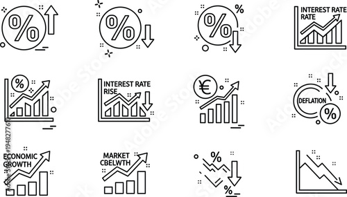 Interest rate and economic trend line icon set with inflation deflation market growth finance illustration