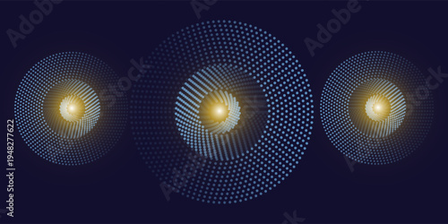 Abstract Blue, Green Gradient Circles Flowing Dot Waving Particle Geometric Technology Background. Digital Futuristic Dark Navy Blue Dotted Wave. Concept For Science, Music Cover, Website, Header