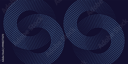 Abstract Blue, Green Gradient Circles Flowing Dot Waving Particle Geometric Technology Background. Digital Futuristic Dark Navy Blue Dotted Wave. Concept For Science, Music Cover, Website, Header