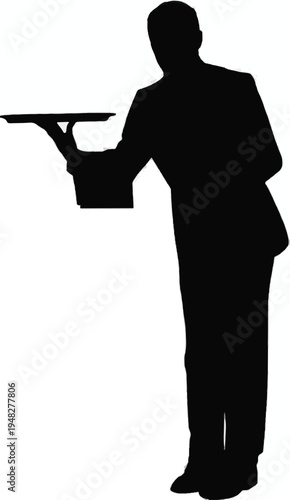 Black Silhouette Of A Waiter Holding A Serving Tray server service
