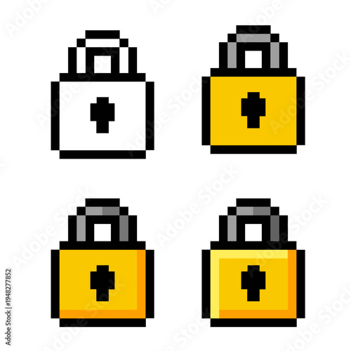 Collection of pixel art padlock icons in various styles, symbolizing robust digital security, data encryption, and protected access for modern user interfaces, web applications, and gaming assets