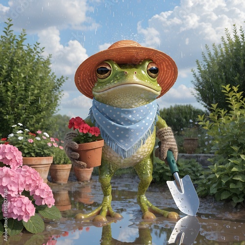 Cute Frog Gardener Character in Rainy Garden with Flowers and Shovel.