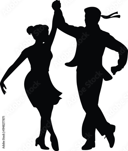 Energetic latin dance couple silhouette performing stylish ballroom partner spin, elegant movement isolated vector illustration