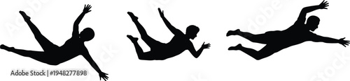 Falling man silhouette collection, human falling motion accident risk pose vector isolated on white background
