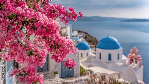 Scenic Greek Island of Santorini Featuring Pink Bougainvillea Flowers and Traditional Architecture With Domes