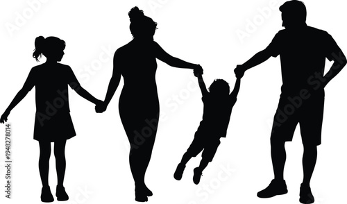 Happy family silhouette walking together holding children hands, parenting love concept isolated vector illustration