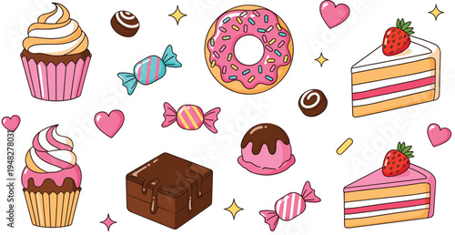 Cute colorful sweet dessert collection with donut, cupcakes, chocolate cake, candies and strawberry cake slices cartoon style vector illustration set