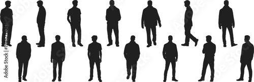 Men silhouettes collection, male standing poses set, business and casual people shadow figures illustration pack