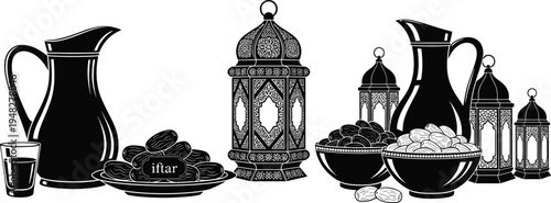 Ramadan, iftar, lantern, dates, tea, pitcher, Arabic, Islamic, traditional, decoration, silhouette, Muslim, fasting, culture, festive, hospitality, table, Middle, Eastern, illustration