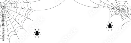 Minimalist spider web corners, hanging spiders, Halloween decoration, spooky cobweb illustration, isolated line art background
