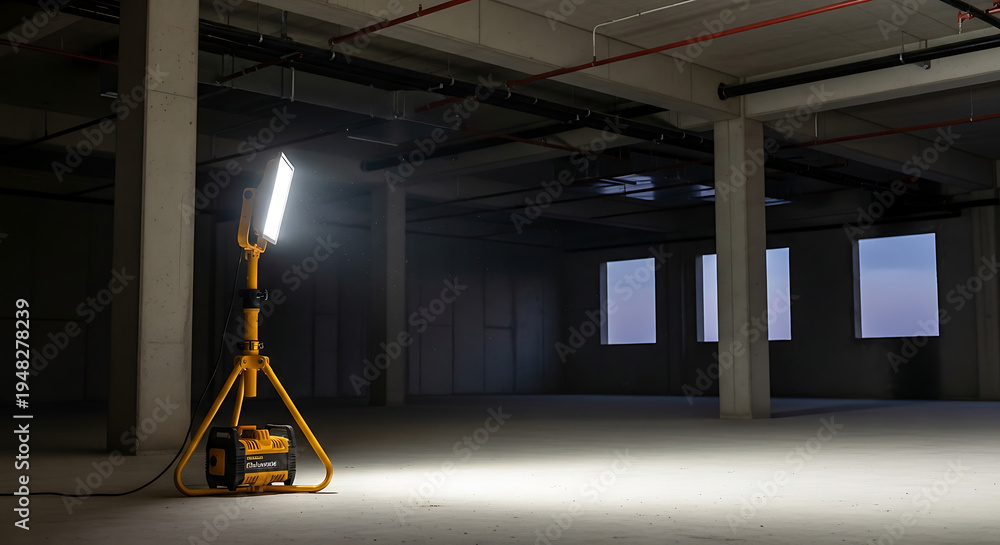 Obraz premium Bright portable work light illuminates a construction site interior.