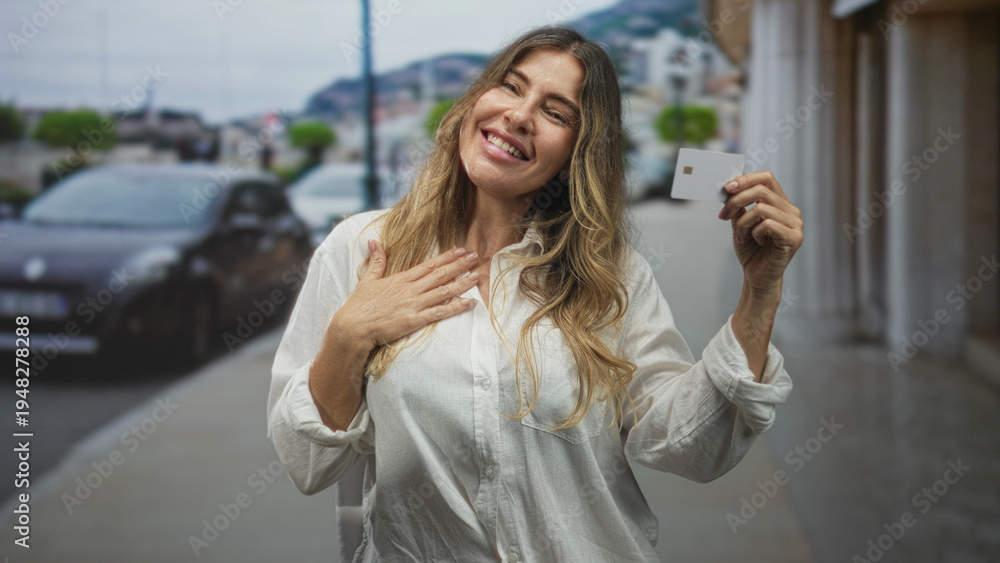 Fototapeta premium Middle aged woman holding creditcard in hand on street, smiling with open mouth and waving the card toward camera; consumer confidence joy.