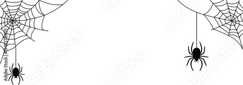 Spider web corner design, hanging spider silhouette, Halloween cobweb decoration, spooky minimalist line illustrationSpider web corner design, hanging spider 