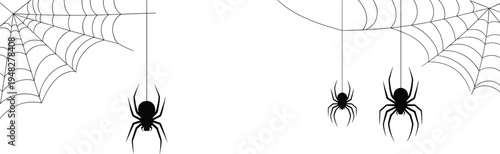 Spider web corner illustration, hanging spiders silhouette, Halloween cobweb decoration, spooky minimalist line art design