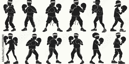 boxers in fighting stance black ink vector set .icons
